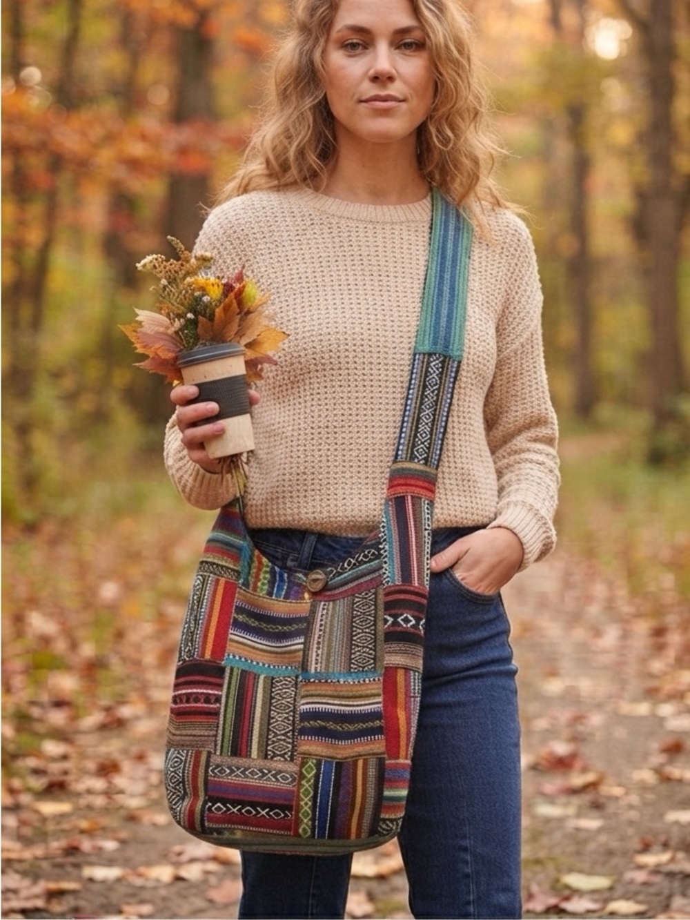 Boho Patchwork Multicolor Woven Tapestry Cotton Canvas Crossbody Bag